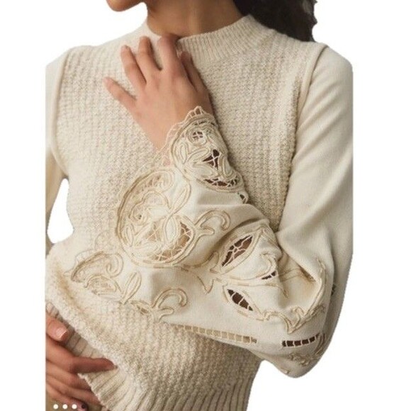 Anthropologie Sweaters - Anthropologie Textured Eyelet Twofer Sweater Vest Top Embroidered Beige Sz XL